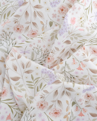 Tissu Coton Blanc Motif Fleuri Délicat Rose et Lilas - Poppy Design - Mercerine