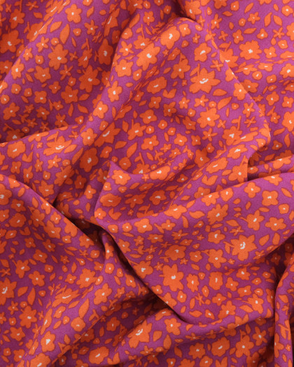Tissu Viscose Violet Petites Fleurs Oranges - Mercerine