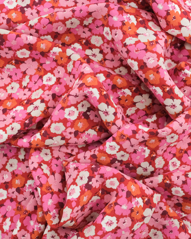 Viscose Rouge Petites Fleurs Roses - Mercerine