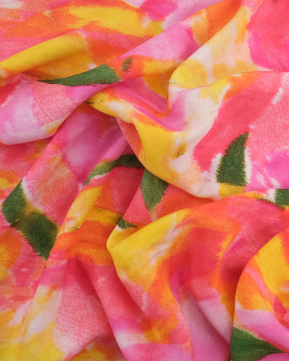 Tissu Viscose Joli Motif Abstrait Rose Orange Jaune - Mercerine