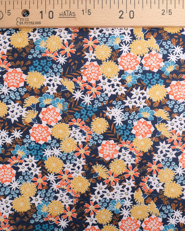 Tissu Coton Marine Fleurs Colorées Japonisantes - Mercerine