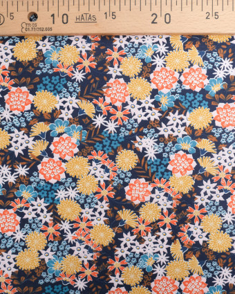 Tissu Coton Marine Fleurs Colorées Japonisantes - Mercerine
