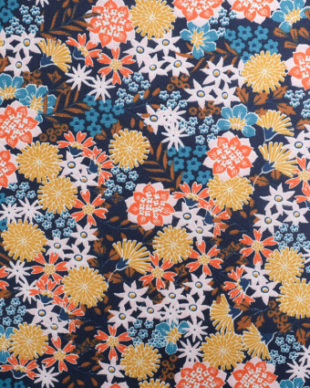 Tissu Coton Marine Fleurs Colorées Japonisantes - Mercerine