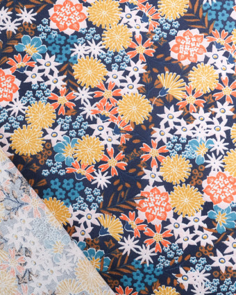 Tissu Coton Marine Fleurs Colorées Japonisantes - Mercerine