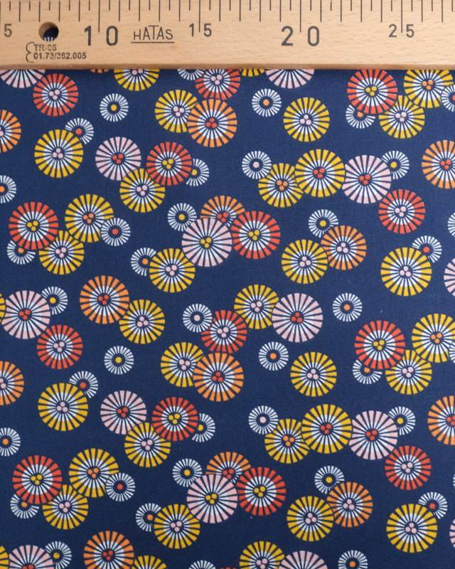 Tissu Coton Marine Petits Soleils Colorés Japonisants- Mercerine