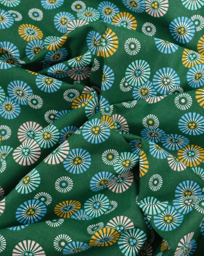 Tissu Coton Vert Petits Soleils Colorés Japonisants - Mercerine