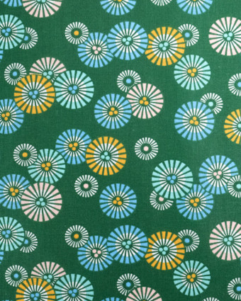 Tissu Coton Vert Petits Soleils Colorés Japonisants - Mercerine