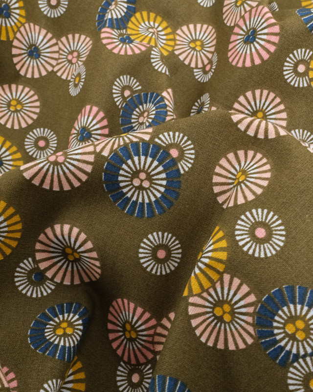 Tissu Coton Kaki Petits Soleils Colorés Japonisants - Mercerine