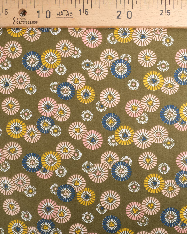Tissu Coton Kaki Petits Soleils Colorés Japonisants - Mercerine