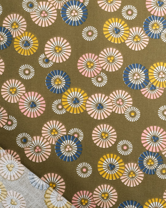 Tissu Coton Kaki Petits Soleils Colorés Japonisants - Mercerine