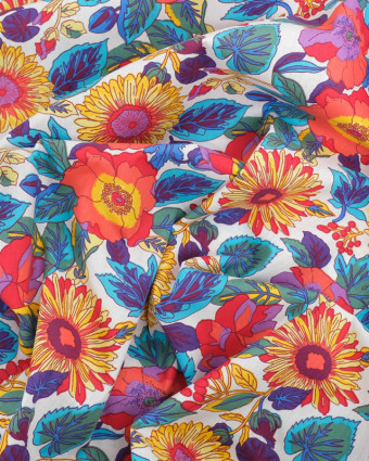 Popeline de Coton Blanche Jolies Fleurs Multicolores  - Mercerine