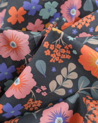 Tissu Coton Noir Imprimé Fleuri Multicolore  - Oeko-Tex - Mercerine