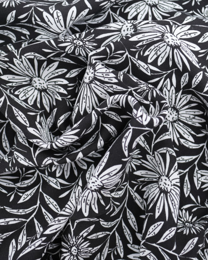 Viscose Noire Motif Grande Marguerite Blanche - Oeko-Tex - Mercerine