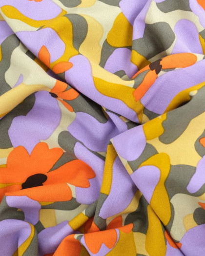 Tissu Viscose Vert d'Eau Joli Motif Fleurs Orange et Violet - Oeko-Tex - Mercerine