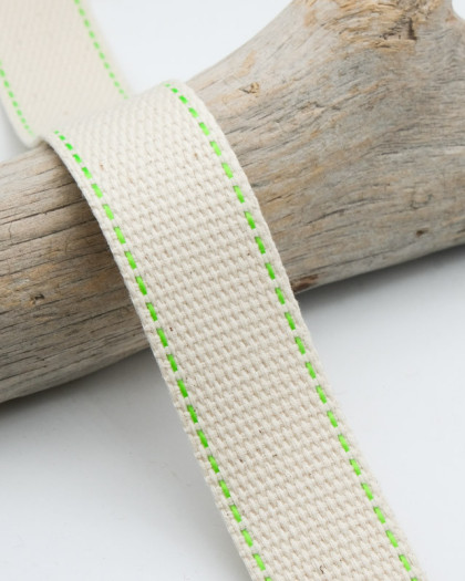 Sangle Ecrue Bordure Vert Fluo- 30mm - Mercerine