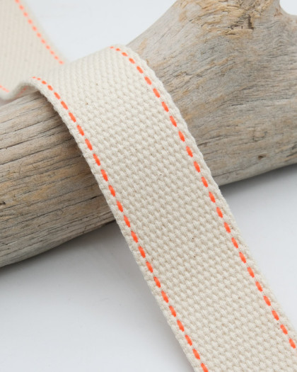 Sangle Ecrue Bordure Orange Fluo- 30mm - Mercerine