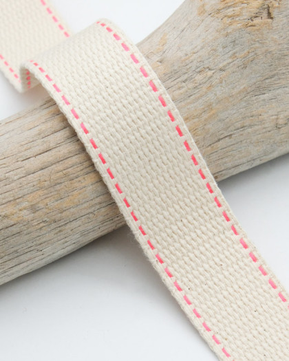 Sangle Ecrue Bordure Rose Fluo- 30mm - Mercerine