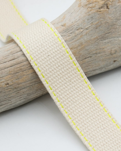 Sangle Ecrue Bordure Jaune Fluo- 30mm- Mercerine