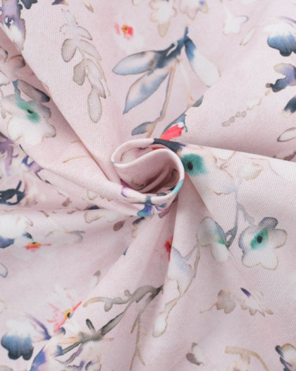 Toile Sergé de Coton Rose Poudré Fleurs D'Aubépine - Mercerine