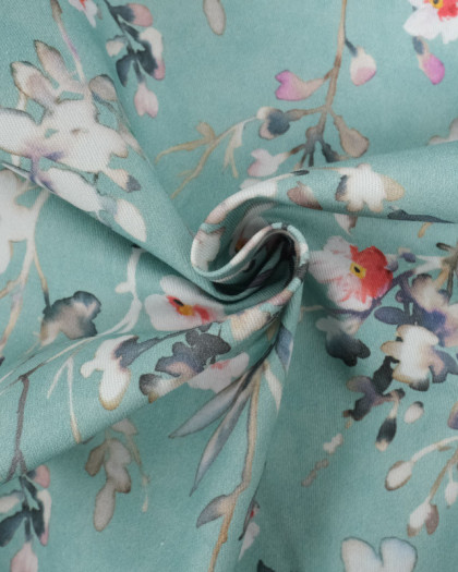 Toile Sergé de Coton Bleu Fleurs D'Aubépine - Mercerine