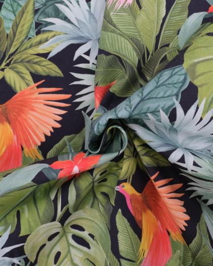 Toile de Coton Noire Imprimé Jungle - Mercerine