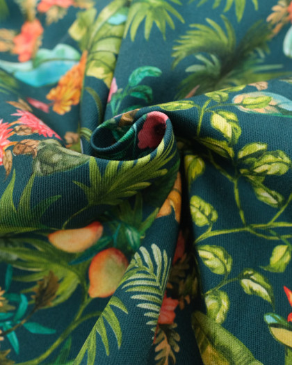 Toile de Coton Petrole Motif Coloré Jungle - Mercerine