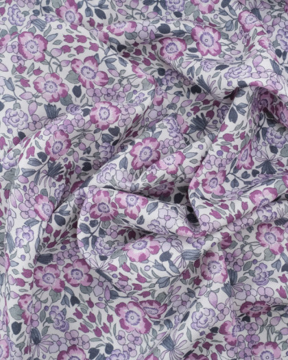 Viscose Blanche Imprimé Fleuri Romantique Mauve - Mercerine