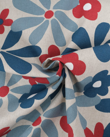 Tissu Effet Lin Flowers Power Bleu et Rouge - Mercerine