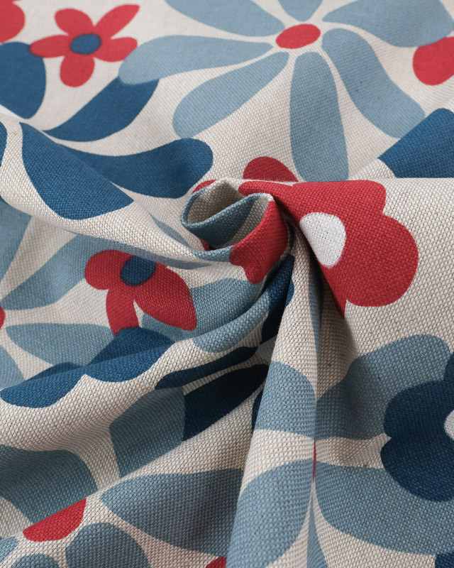 Tissu Effet Lin Flowers Power Bleu et Rouge  - Mercerine