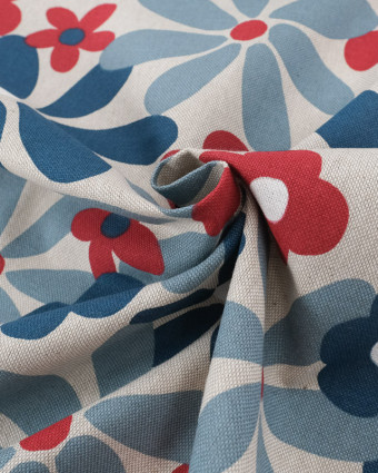 Tissu Effet Lin Flowers Power Bleu et Rouge  - Mercerine