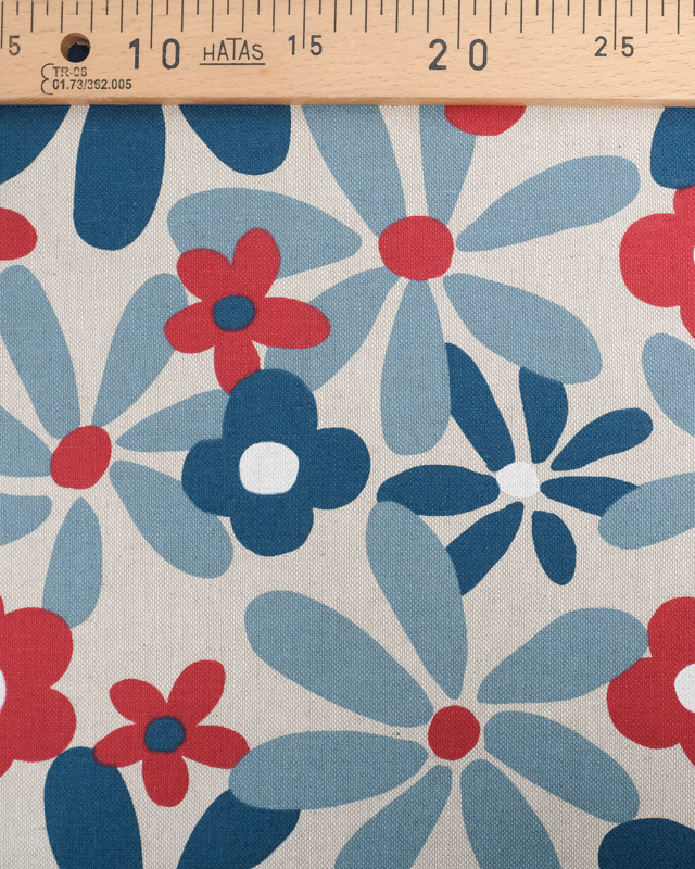 Tissu Effet Lin Flowers Power Bleu et Rouge  - Mercerine