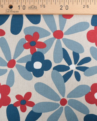 Tissu Effet Lin Flowers Power Bleu et Rouge  - Mercerine