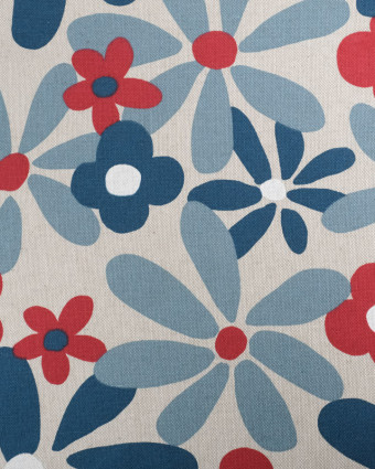 Tissu Effet Lin Flowers Power Bleu et Rouge  - Mercerine