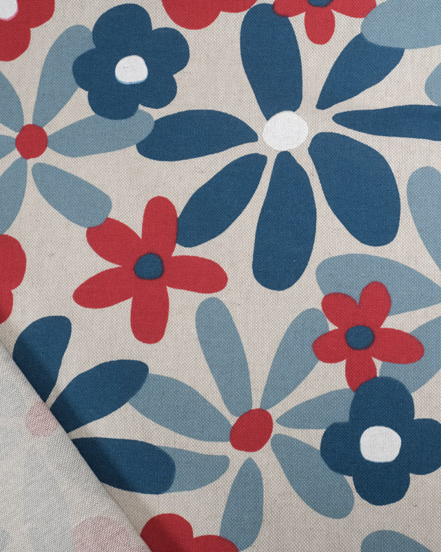 Tissu Effet Lin Flowers Power Bleu et Rouge  - Mercerine