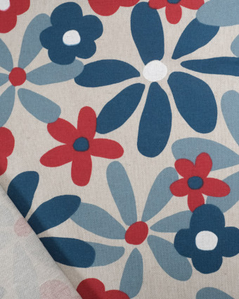 Tissu Effet Lin Flowers Power Bleu et Rouge  - Mercerine