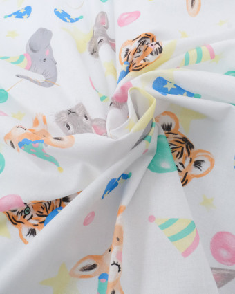 Tissu Coton Blanc Animaux du Cirque Multicolore  - Mercerine