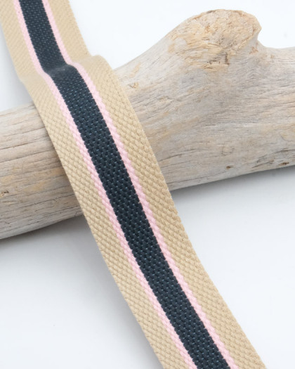 Sangle Coton Rayures Beige Marine Rose - Mercerine