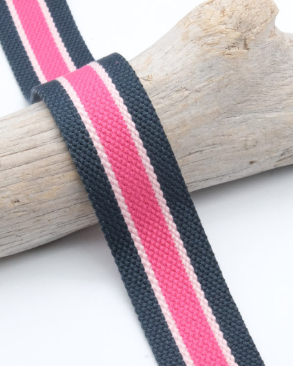 Sangle Coton Rayures Marine Rose Fuchsia - Mercerine