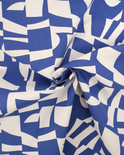 Tissu Demi Natte Blanc Cassé Motif Abstrait Bleu  - Mercerine