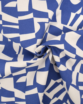 Tissu Demi Natte Blanc Cassé Motif Abstrait Bleu  - Mercerine