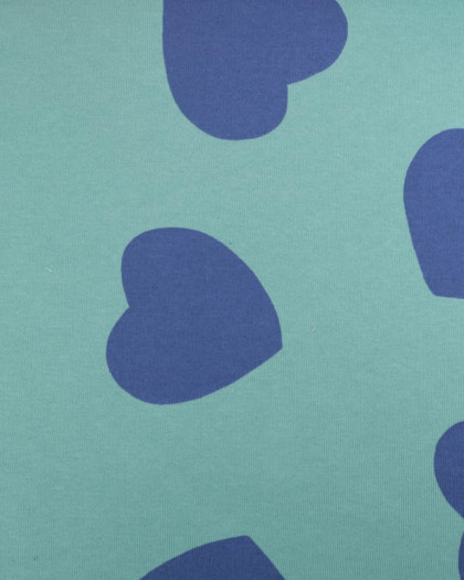 Tissu Sweat Bleu Vert Motif Coeur Myrtille - Poppy Design - Mercerine