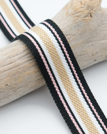 Sangle Coton Rayures Noir-Rose-Beige   - Mercerine