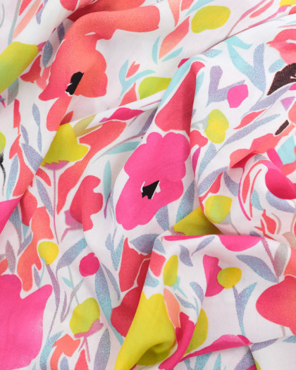 Tissu Viscose Jolies Fleurs Roses et Vert Citron - Mercerine