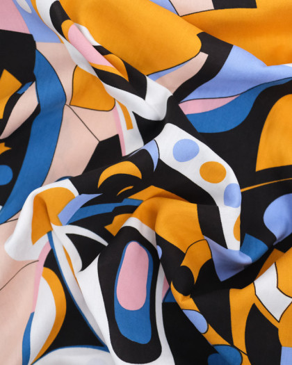 Viscose Motif Abstrait Ocre Noir et Bleu - Mercerine