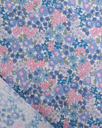 Coton Ecru Fleuri Rose et Bleu - Mercerine
