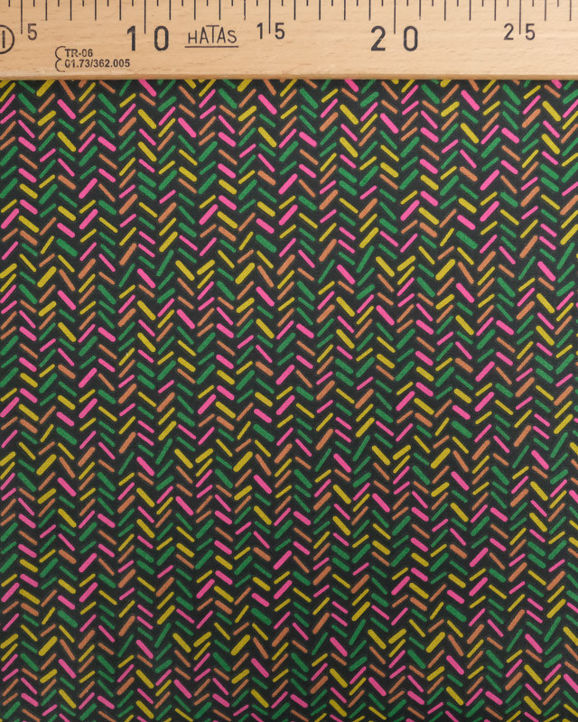 Tissu Coton Noir Imprimé Chevron Rose et Vert - Mercerine