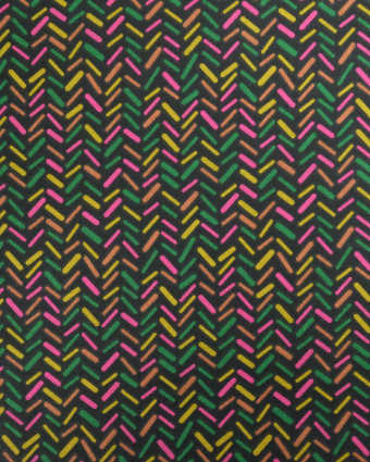 Tissu Coton Noir Imprimé Chevron Rose et Vert - Mercerine