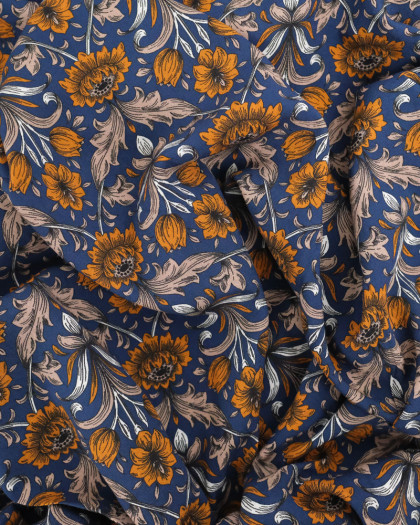 Viscose Bleu Marine Motif Fleuri Ocre - Mercerine