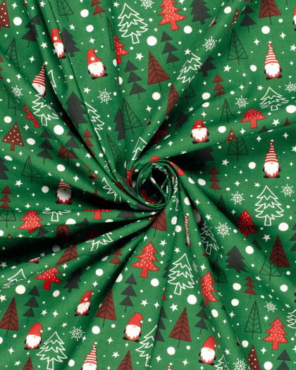 Popeline de Coton Noël Verte Sapin et Lutin - Oeko-Tex - Mercerine