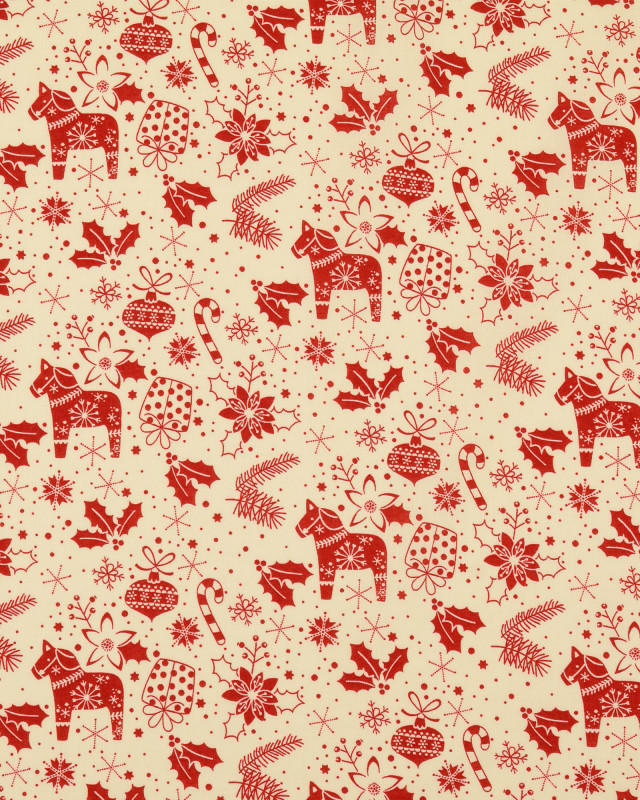 Tissu Coton Beige Joli Motif de Noël Rouge - Mercerine